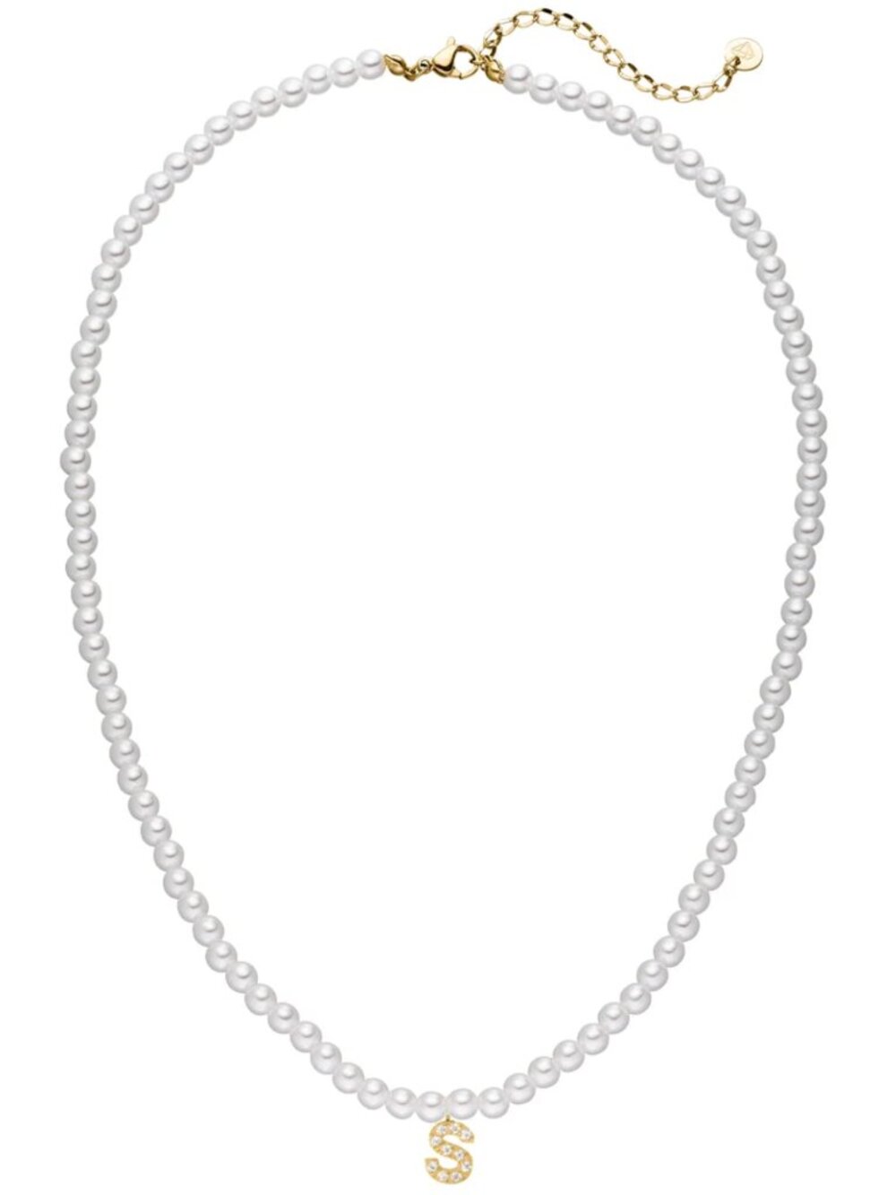 Dainty Glass Pearl Choker Necklace with Pavé Initial S Pendant
